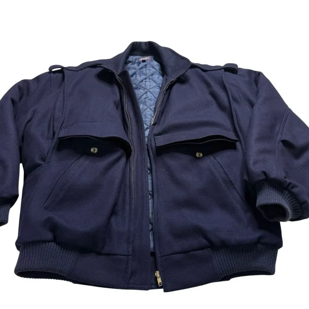 Vintage Gant Heavy Wool Bomber Jacket Quilted Lining Winter Navy Blue Men’s Sz M